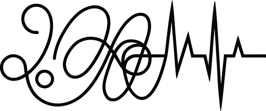 Black line drawing of a wavy sound wave with circular elements on a white background audio waveform soundwave frequency vibration acoustic lineart black and white