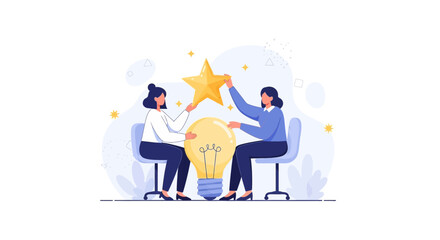 Fototapeta premium Two women collaborate to place a golden star on a giant, glowing lightbulb, symbolizing innovation, teamwork, and creative success.