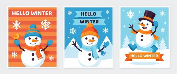 Obraz premium Set of three cute snowman characters with hello winter text for christmas and new year greeting cards