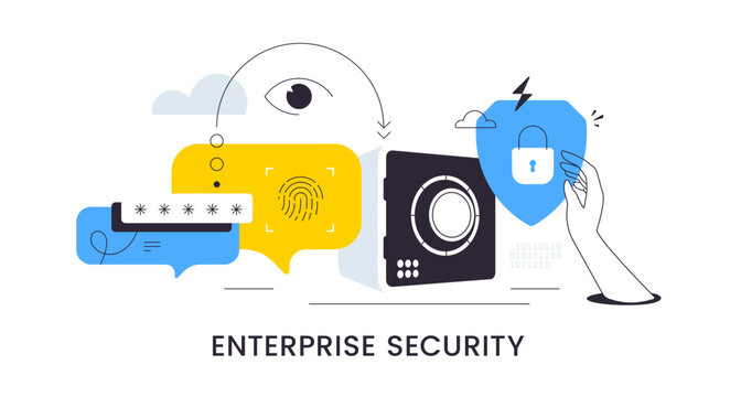 Cyber security banner, flat line art vector hand holding shield with lock, safe box and digital binary code for data protection, encryption or privacy on white