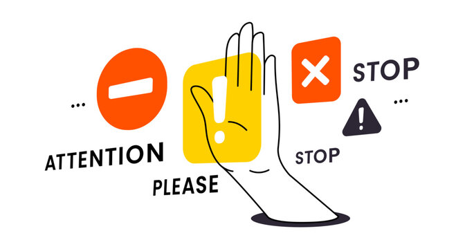 Alert and stop warning vector banner, flat line art hand up gesture with error signs, red no entry circle, cancel cross, caution triangle with exclamation mark and attention word on white