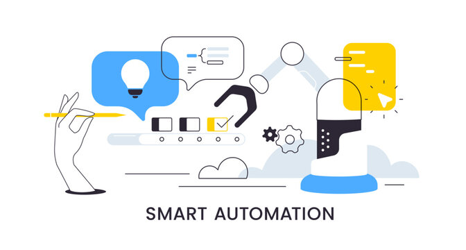 Smart manufacture and quality control vector banner, flat line art hand with pencil and robot arm over conveyor belt with box, idea lightbulb in speech bubble and clouds for industry automation