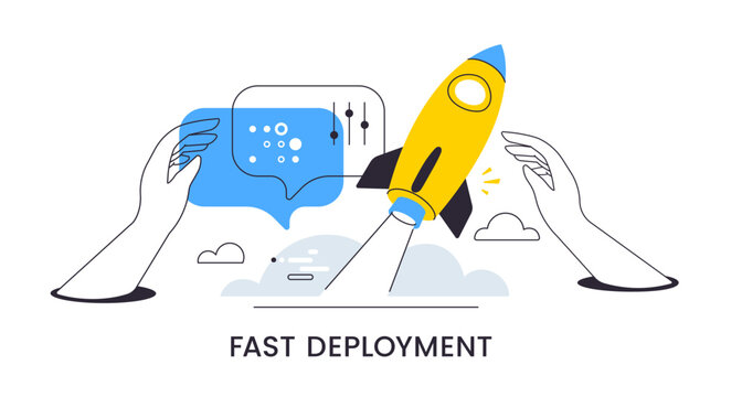 Business startup launch vector banner, flat line art yellow rocket flying up from hands near blue speech bubbles and clouds for teamwork or marketing success on white