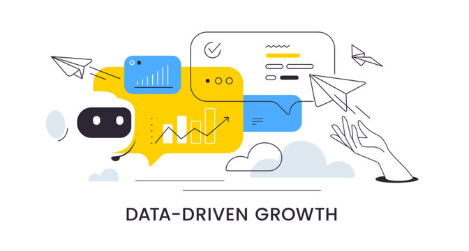 AI call center and business growth vector banner, flat line art hand launching airplane near robot head, speech bubbles and data charts with cloud for artificial intelligence assistant or marketing