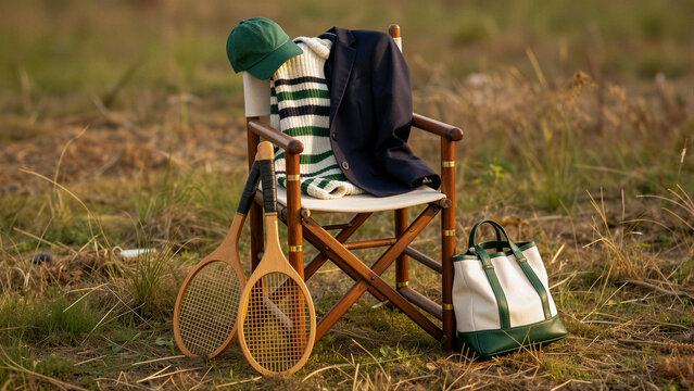 Vintage tennis gear on a director's chair outdoors