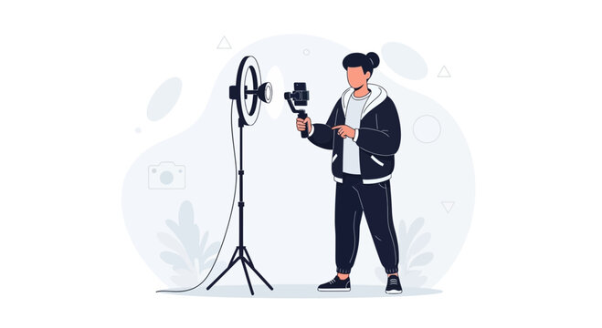 Vlogger with Gimbal and Ring Light Recording Content, Modern Illustration for Digital Media and Broadcasting