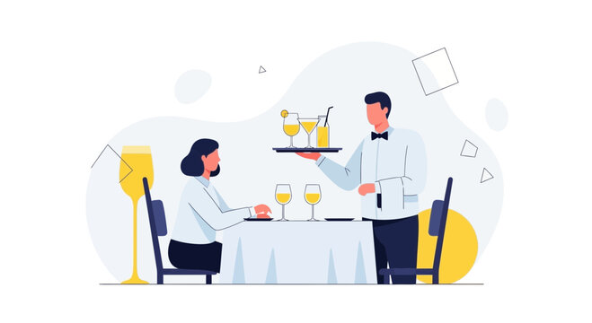 Waiter Serving Drinks to Woman at Restaurant Table | Modern Flat Illustration