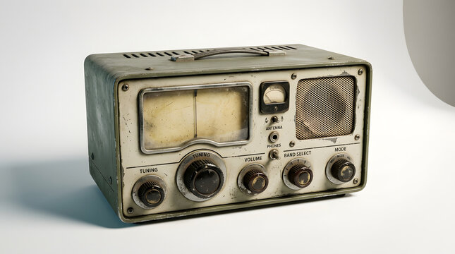 An old, vintage shortwave radio sits on a plain surface, showcasing its retro design with various dials and a gauge.