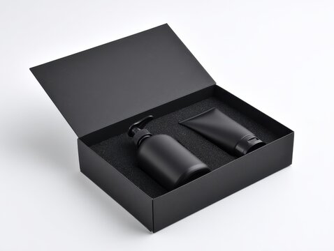 Black cosmetic gift set with a pump bottle and a squeeze tube in a luxury matte black box isolated on white background