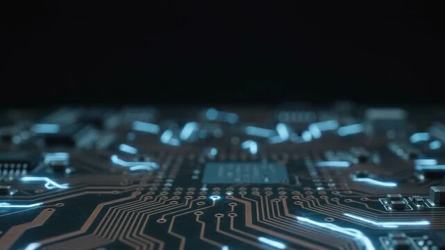 Blue circuit board surface, traces of data traveling rapidly along copper pathways, Artificial Intelligence Thinking