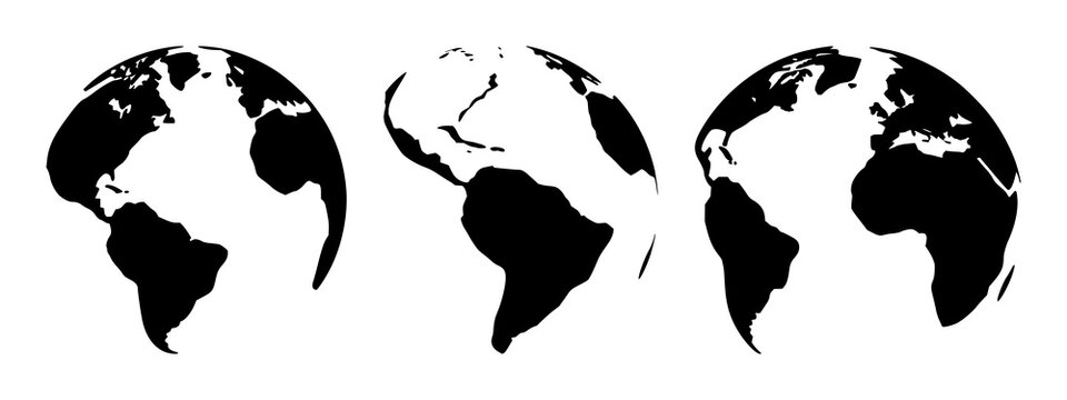 Solid black icon, white background: earth day planet globe set with simple line art design featuring outline, illustration, graphic elements with clean design and vector art