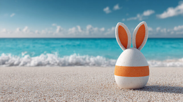 Easter egg with bunny ears on ocean beach. Tropical holiday concept.