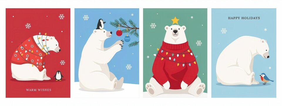 Set of christmas greeting cards with cute polar bears, penguins and birds, winter holiday illustrations