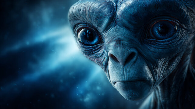 Blue alien creature staring in cosmic darkness. Extraterrestrial mystery concept.