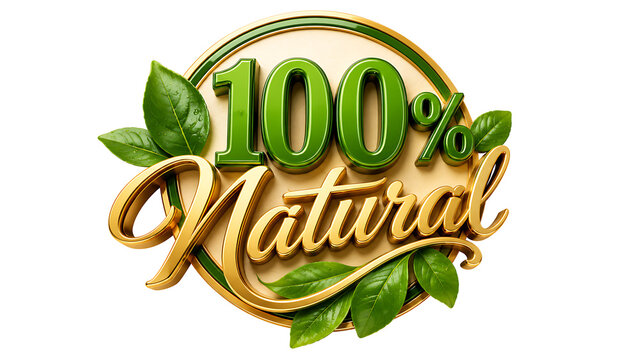 Golden one hundred percent natural badge design template with green organic leaves isolated on white background