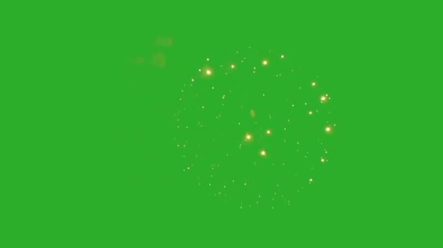 Golden fireworks explosion isolated on green screen background. Beautiful pyrotechnics display chroma key loop video for celebration and holiday VFX overlay.