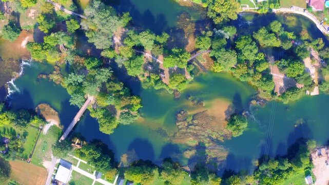 Aerial top down view of Zeleni Otoci on Una river in Bosanska Krupa, Bosnia and Herzegovina