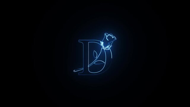 Blue neon letter D logo animation with glowing rose flower on black background for branding and cinematic intro