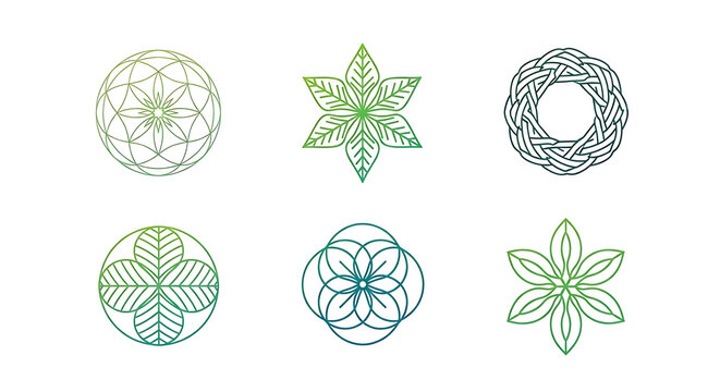 Set of elegant circular botanical and geometric decorative icons with botanical circular geometric decorative minimalist wellness elements abstract ornament graphics identity