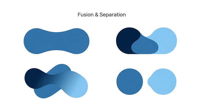 Fusion and separation abstract shapes concept icons in blue gradient with separation abstract gradient dividing connection transition minimalist interaction cohesion relation