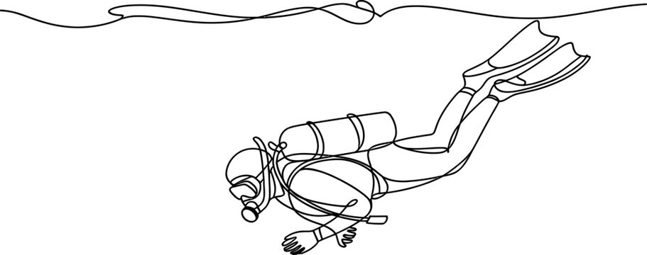 Continuous single line drawing of a scuba diver swimming underwater in the ocean