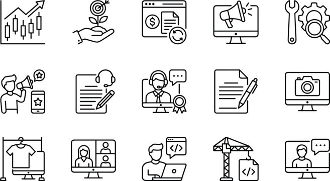 Business marketing and website development line icons set isolated on white background for commercial tech projects