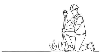 Continuous one line drawing of a construction worker kneeling and digging with a shovel in the ground © Dulal