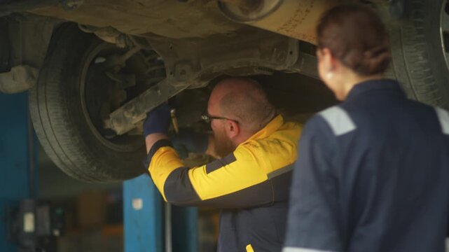 Caucasian male mechanic with glasses and a beard works alongside a female technician, reviewing a digital tablet and giving a thumbs-up. This high-energy commercial imagery represents gender diversity
