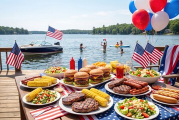 Obraz premium Fourth of July lakeside barbecue feast with burgers, steaks, corn, and salads, celebrating summer fun.
