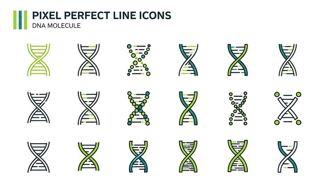 Collection of pixel perfect DNA molecule structure icons with molecule genetics biotechnology research scientific structure laboratory nucleotide chromosome chemistry innovation development
