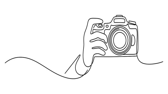 Continuous single line drawing of a hand holding a digital camera
