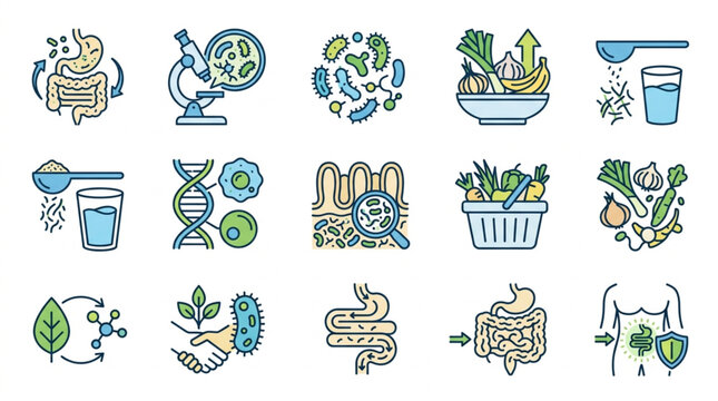 Microbiome health and gut bacteria science icons.