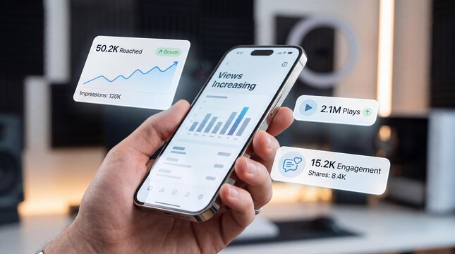 Person holding smartphone with increasing views