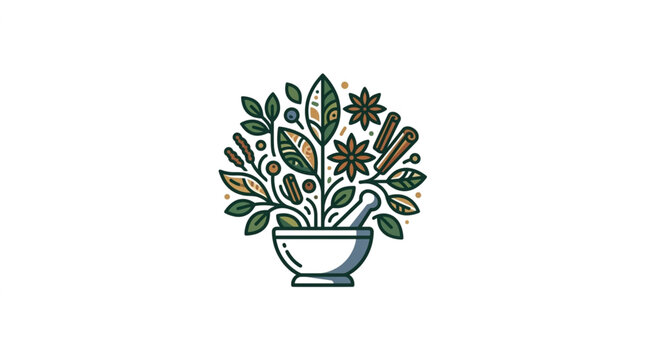 Mortar and Pestle with Herbs and Spices Illustration.