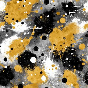 Seamless Black White Gold Abstract Paint Splatter Pattern with Grunge Watercolor Texture