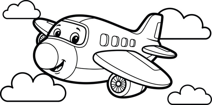 Smiling airplane flying through clouds coloring book illustration