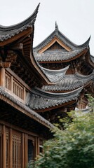 Fototapeta premium Traditional wooden architecture with intricate roofs and serene atmosphere.