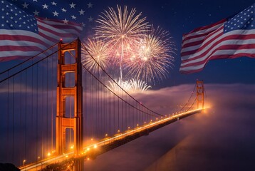 Obraz premium Golden Gate Bridge illuminated at night with fireworks and American flags celebrating Independence Day