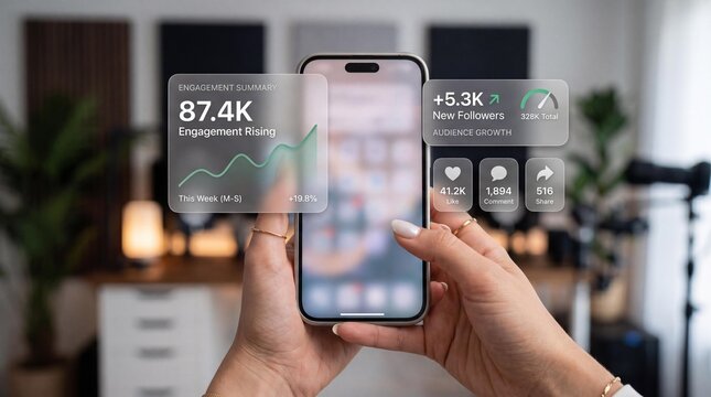 Hands holding smartphone with social media engagement metrics on screen