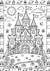 Naklejka premium Black and white castle illustration with flowers and clouds