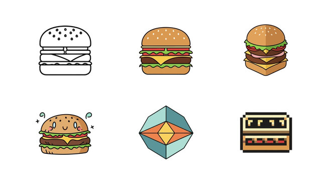 Creative burger icons including outline style flat design geometric shapes and pixel art gaming aesthetics.