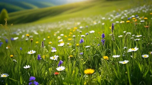 Spring hillside with fresh green grass and wildflowers, bright daylight, slow camera pan, peaceful seasonal mood, ultra sharp 4K