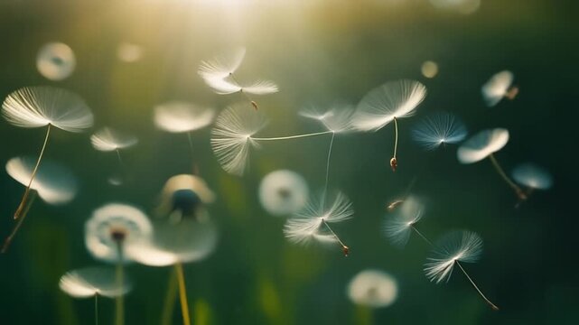 Close-up of dandelion seeds floating in the air, soft sunlight, shallow depth of field, calm spring atmosphere, cinematic macro style, 4K resolution