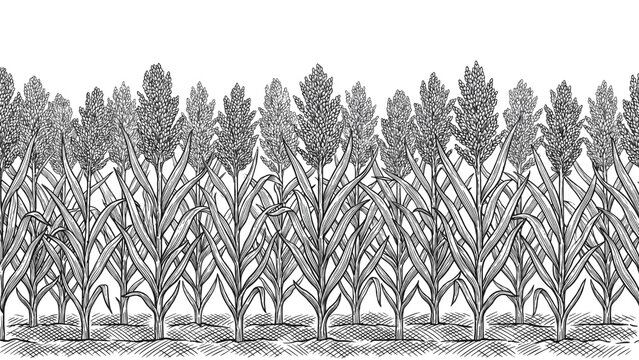 Detailed black and white line art illustration of a field of sorghum on white background