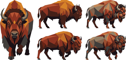 Low Poly Bison Collection Featuring Geometric American Buffalo Wildlife Animals in Polygonal Style Vector Illustration Set