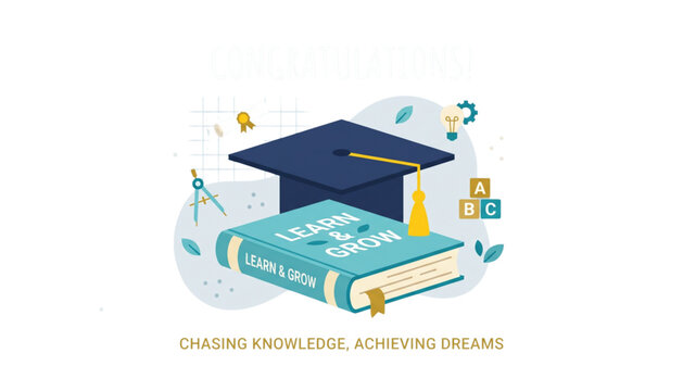 Chasing Knowledge Achieving Dreams Illustration with Learn and Grow Book and Mortarboard Cap, Transparent Background SVG Vector for E-learning and Student Motivation Use Cases
