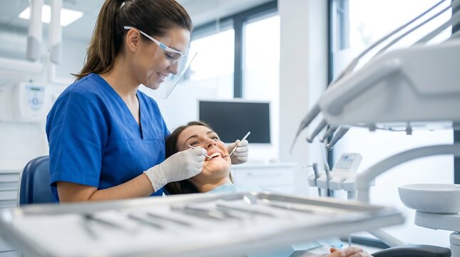 A female dentist in blue scrubs and protective gear examines a smiling female patient's teeth with dental instruments.