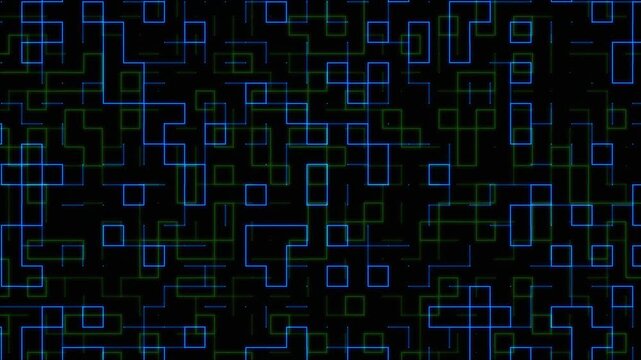 seamless abstract digital background with glowing blue and green neon square outlines on a black background, creating a futuristic technology pattern