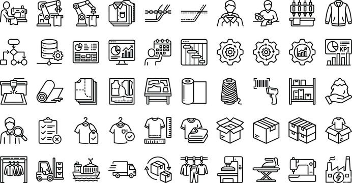 Textile Manufacturing and Apparel Garment Factory Industry Line Icon Set with Automation Sewing Logistics Tailoring Supply Chain and Clothing Production UI Designs