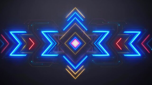 Vibrant neon geometric shapes pulsing and shifting in a glowing symmetrical pattern animation
